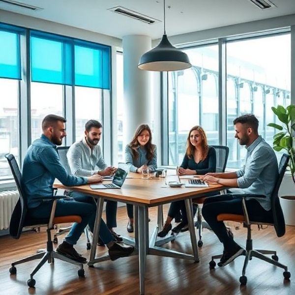 Das fünfköpfige Team von Lessonconnect an einem modernen Schreibtisch in Leipzig